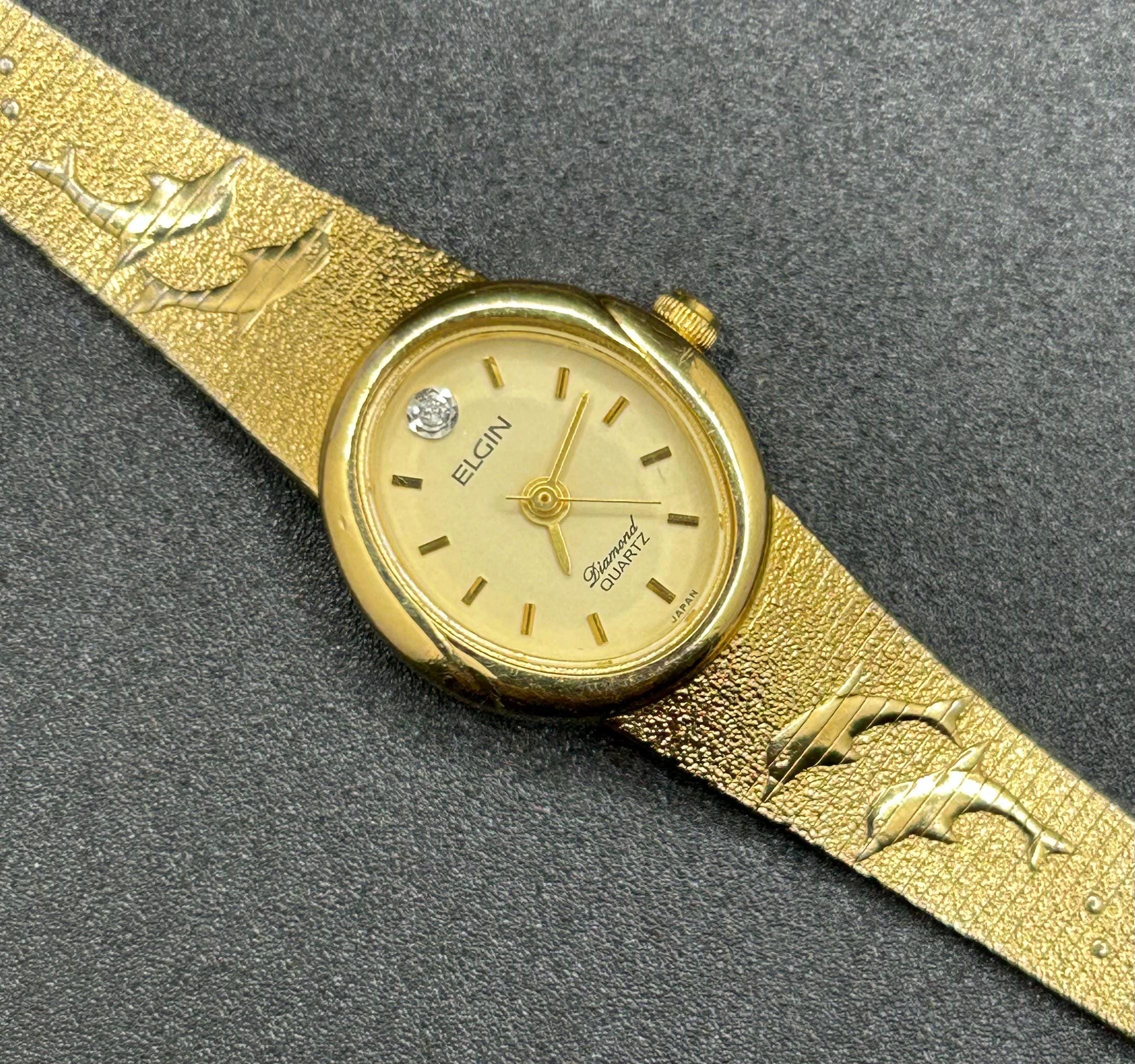 Vintage Dainty Elgin Diamond EK152-007 Gold Tone With Dolphin