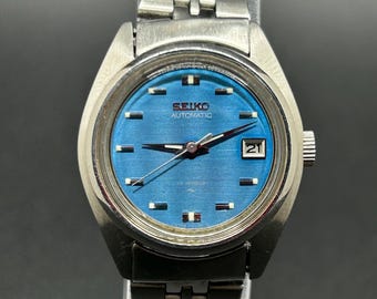 Reloj automático vintage Seiko 4205-0170 para mujer, esfera azul con ventana de fecha, caja de acero inoxidable, 17 joyas.