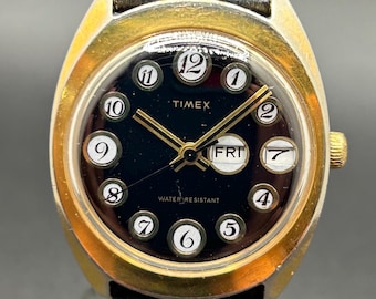 Vintage 1970s Rare Timex Marlin Telephone Dial Mechanical Manual Wind Day Date Men’s 34mm Watch