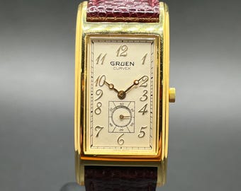 Vintage Gruen Curvex Men’s Gold Tone 10 Micron Gold Plated Back Rectangular Dress Quartz Watch 22mm Swiss Made