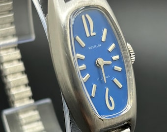 Vintage Westclox Blue Dial Women’s Mechanical Watch, Art Deco Style, Manual Wind, Retro Tonneau Case, Classic Dress Watch
