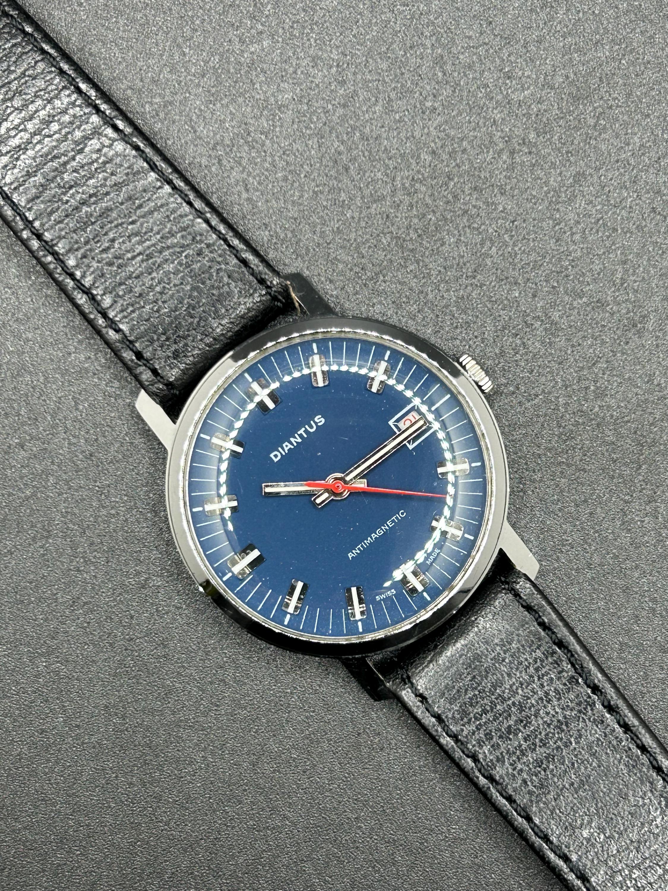 Vintage Diantus Swiss Watch With Blue Dial Date Antimagnetic