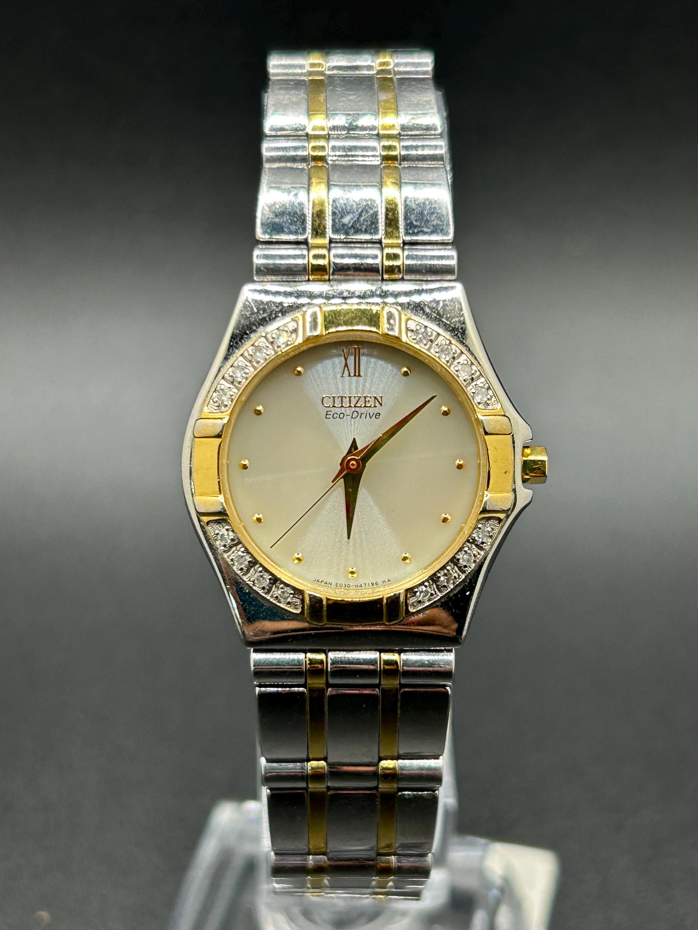 Citizen E031 Eco Drive Gold Japan Mvt Womens Dress Watch with Diamond Bezel MOP SOLD) RARE Citizen Eco-Drive “White Glittery Roman” Dial w  main image 4