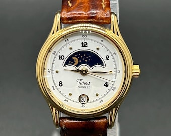 Vintage Timex Women’s Moonphase Sun & Moon Celestial Gold Tone Date Retro Dress Watch