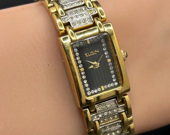 Vintage Elgin Women’s Gold Tone Rectangular Black Textured Dial Stone Embellished Bracelet Dress Watch