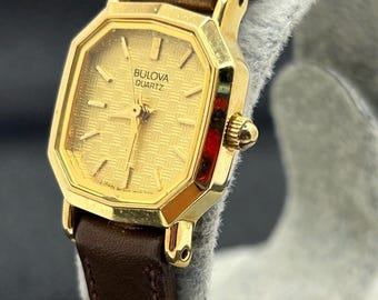 Reloj de cuarzo octogonal para mujer BULOVA vintage, delicado, dorado, con esfera texturizada