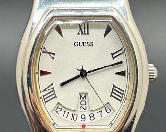 Vintage Guess Tonneau Case Roman Numerals Day Date Window Silver Tone Black Strap Men’s Quartz Watch