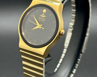 Vintage Seiko Galaxy 5Y01-601A Unisex Quartz Watch, Gold Tone Dress Watch, Textured Black Dial, 28mm