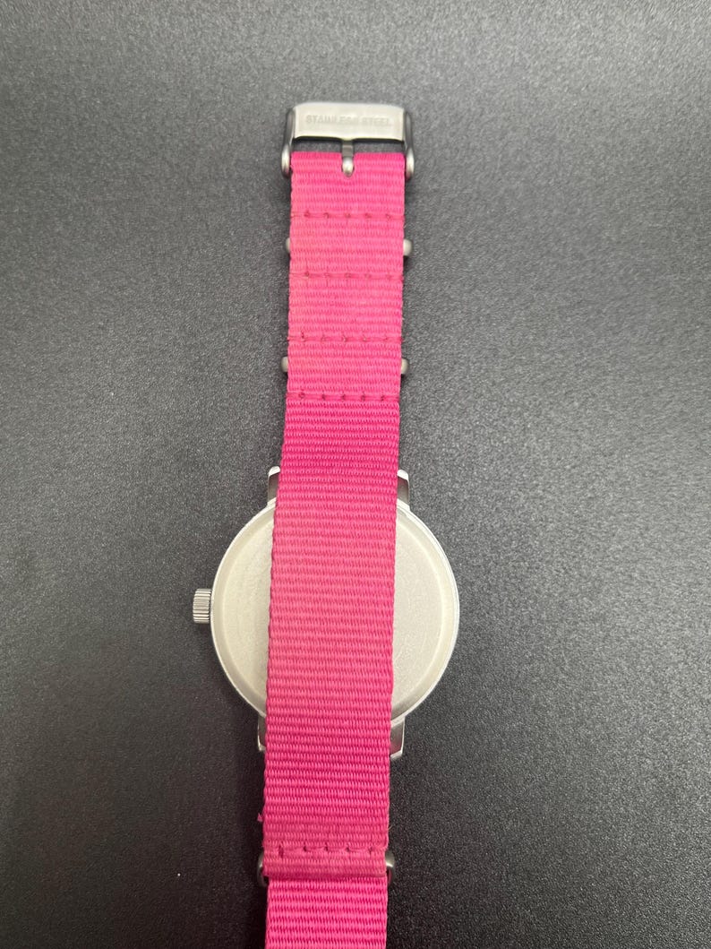 May include: A wristwatch with a bright pink nylon band and a stainless steel case. The watch has a silver-colored dial and a buckle closure. The band is approximately 0.75 inches wide.