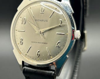 Vintage Benrus Shock-Absorber Mechanical Manual Wind Men’s 1960s Watch, Mid-Century Silver Dial Dress Watch