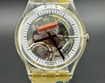 Vintage Swatch “Daimler Chrysler” Swiss Transparent Skeleton Unisex Quartz Watch, Clear Case Classic 1990s watch NOS