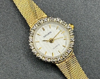 Vintage Dainty Gruen Quartz Women’s Watch, Gold Tone Mesh Bracelet,Crystal-accented Bezel, Elegant Dress Wristwatch