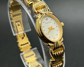 Vintage Dainty Bulova Gold Tone Elegant Sea Shell Inspired Bracelet Women’s Dress Quartz Watch