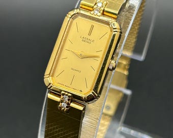 Vintage Seiko Lassale 8420-6969 Women’s Quartz Watch, Tank Style Gold Tone, Crystal accented bezel, Japan Made, Elegant Dress Watch