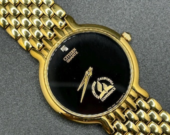Vintage 1990s Citizen Quartz Men’s Watch 1020-S54562, Gold Tone Bracelet With Black Dial, California Southern Conference