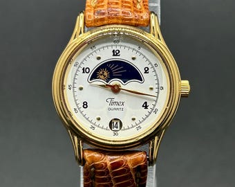 Vintage Timex Moonphase Gold Tone Celestial Sun Moon Dial Brown Leather Strap Quartz Women’s Dress Watch