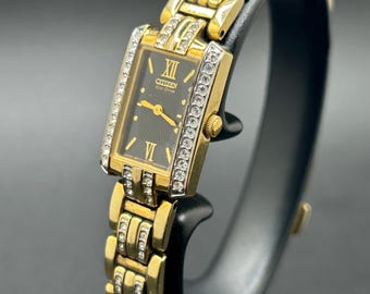 Vintage Citizen Eco-Drive Rectangular Women’s Watch Gold Tone Crystal Accent Bracelet Watch