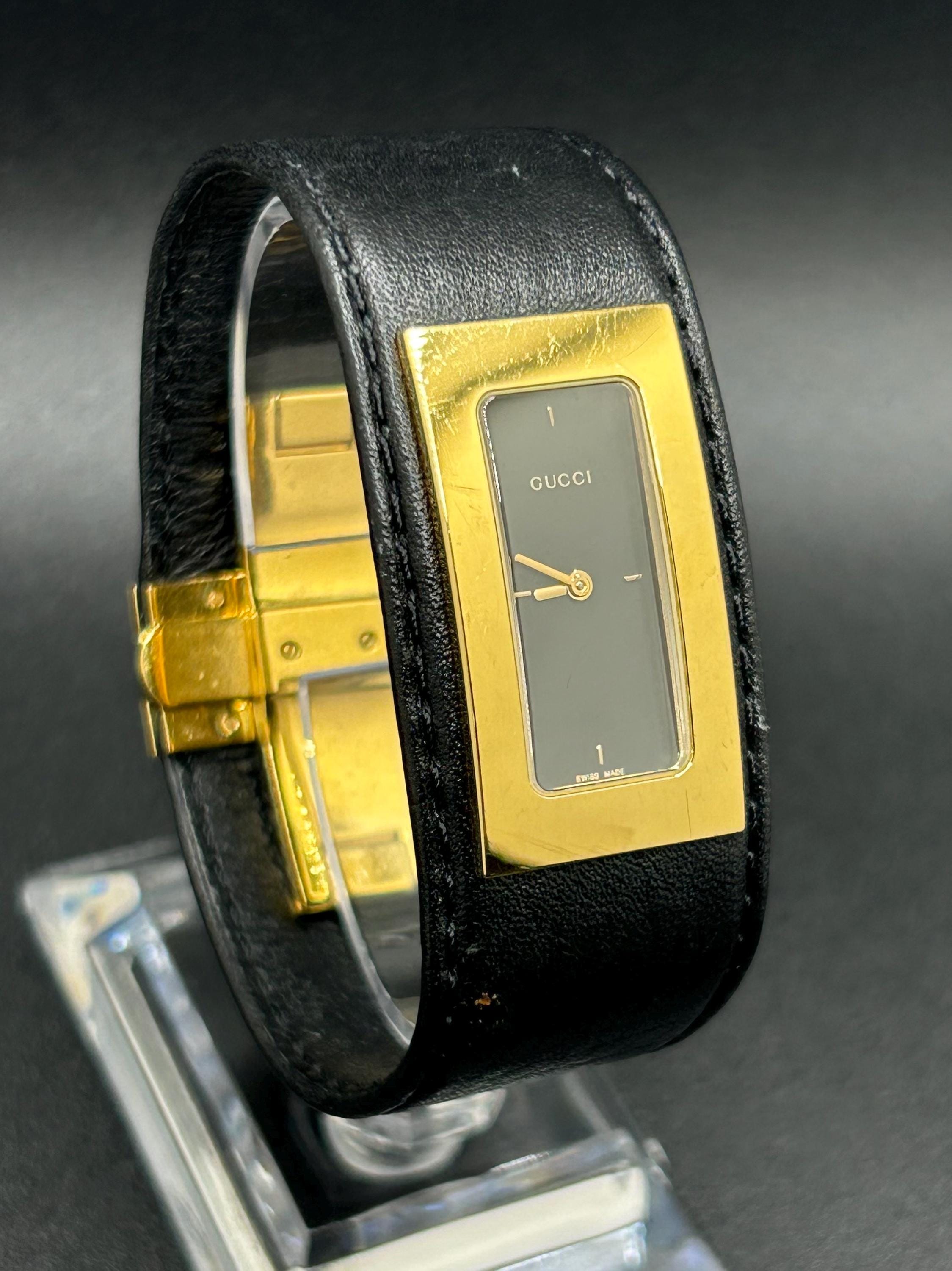 Vintage 1990s Gucci 7800 Black Leather‎ Cuff Watch Needs New Cuff & Battery Vintage 1990 Gucci Stack Watch with Black Dial – Finchley  main image 4