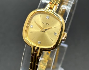 Vintage Dainty Titus Mechanical Manual Wind Gold Tone Women’s Dress Watch, Diamond Accent Dial