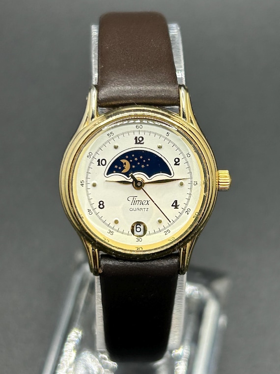 Vintage Timex Moonphase Gold Tone Celestial Sun Moon Dial Brown Leather Strap Quartz Women’s Dress Watch