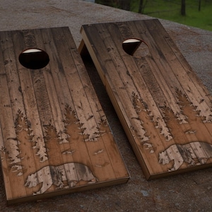 Bear and Trees Rustic Wood Cornhole Wrap | Cornhole Decals | Cornhole Skins | Bag Toss Decal | Laminate Included