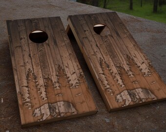 Bear and Trees Rustic Wood Cornhole Wrap | Cornhole Decals | Cornhole Skins | Bag Toss Decal | Laminate Included