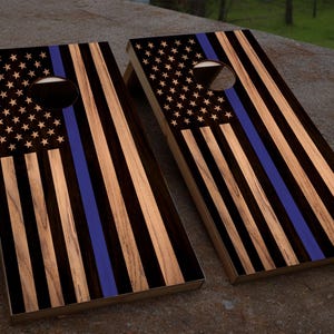 Blue Line Flag Wooden Cornhole Wrap | Back The Blue | US Flag Decal | Cornhole Decals | Cornhole Skins | Bag Toss Decal | Laminate Included