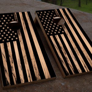 Burnt Wood US Flag Cornhole Board Wraps: Laminated Decal Set