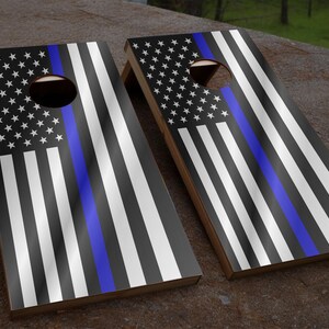 Blue Line Flag Brushed Metal Cornhole Wrap | Back The Blue | Cornhole Decals | Cornhole Skins | Bag Toss Decal | Free Laminate Included