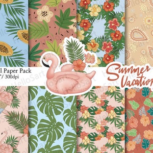 Summer Vacation Paper Tropical Pattern Floral fashion Planner Sticker Digital Paper scrapbook seamless pattern Hand Drawn Background Image