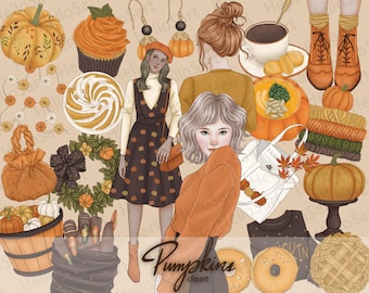 Pumpkin Clipart: Fall Fashion Girls, Cozy Autumn Graphics (PNG)
