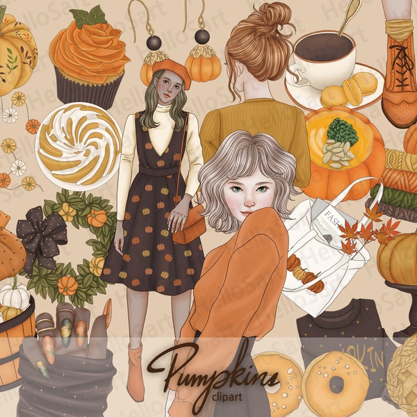 Pumpkin Clipart Fall ClipArt Autumn Cozy ClipArt Girl Clipart Woman Fashion Clipart Hand Drawn Girls Graphics Planner Stickers scrapbook