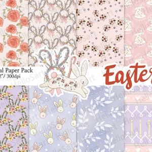 May include: A digital paper pack with eight Easter-themed patterns. The patterns feature bunnies, flowers, wreaths, and geometric designs in pastel colours. The text "Digital Paper Pack", "12"x12"/300dpi", "8jpg", and "Easter" is included in the image.