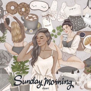 Domingo por la mañana Clipart Cozy Clipart Day Off ClipArt Woman Fashion Clipart Hand Drawn Girl Graphic Planner Sticker scrapbook material