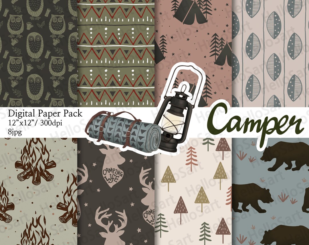 Camping Digital Paper Pack, Hiking Mountain Patterns (digital Download ...