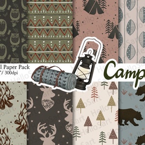 Camping Papier Randonnée Motif Montagne esthétique Planificateur Autocollant Papier numérique scrapbook motifs sans couture Dessiné à la main Image d’arrière-plan