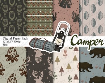 May include: Digital paper pack with 8 camping themed patterns. The patterns include owls, triangles, tents, leaves, a lantern, a sleeping bag, a campfire, a deer, and bears. The text "Camper" is in the center of the image.