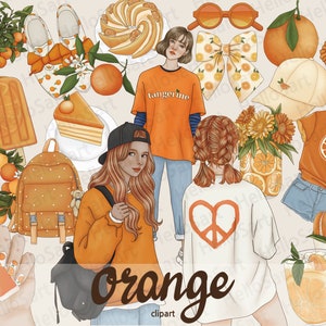 Naranja Clipart Citrus Clipart Mandarina ClipArt Fruta Mujer Moda Clipart Dibujada a Mano Chica Planificador Gráfico Pegatina material de álbum de recortes
