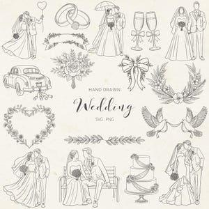 Hand Drawn Wedding Clipart | Romantic Bridal Illustrations, Floral Wreath (SVG, PNG Digital Download)