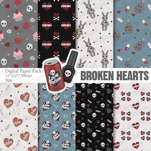May include: Digital paper pack featuring various patterns with a broken hearts theme. Designs include cupcakes, skulls, hearts, bunnies, pills, and potion bottles. The pack includes a can of "Love Potion" and a bottle of nail polish. Text includes "Broken Hearts".