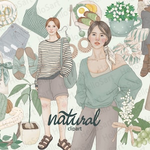 Greenery Clipart: Hand-Drawn Girls, Cozy Fashion (PNG Files)