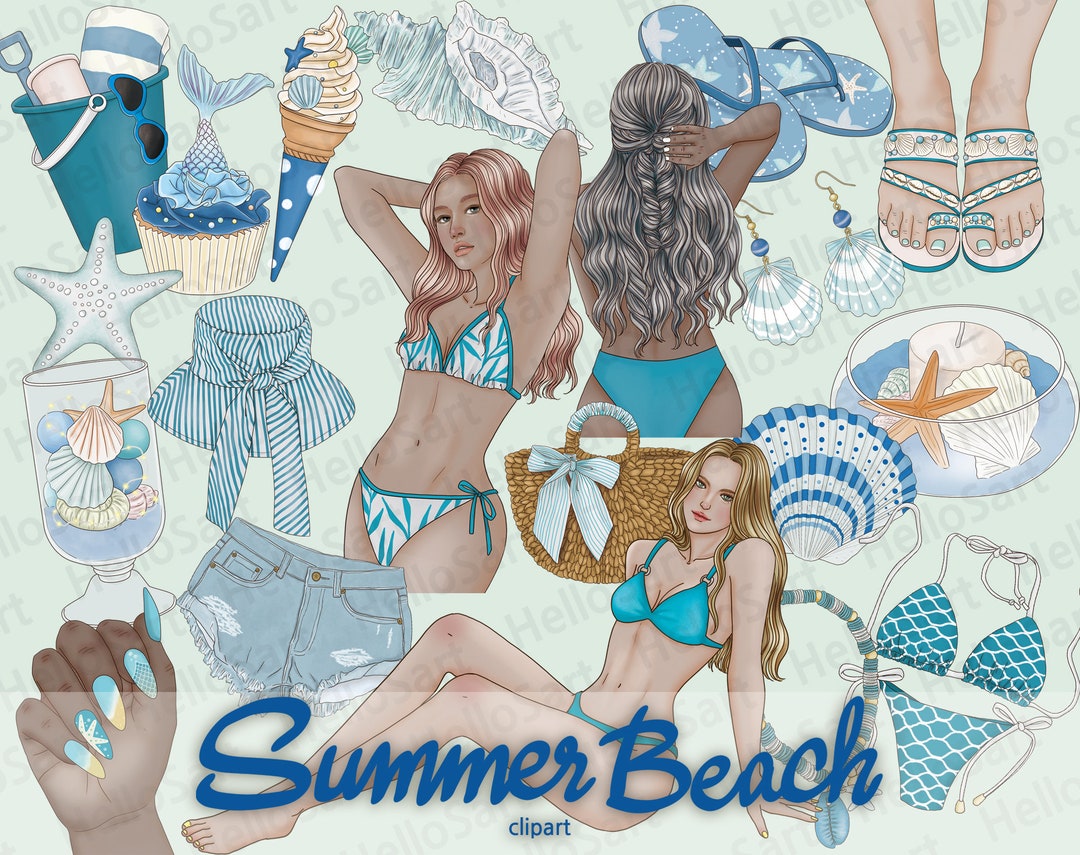 Summer Beach Clipart Vacation Clipart Sea Aesthetic Clipart Woman Fashion  Clipart Hand Drawn Girl Graphic Planner Sticker Scrapbook Material 