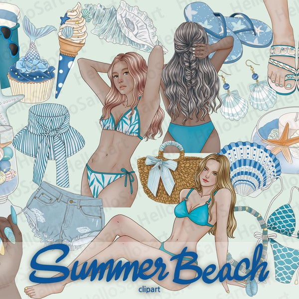 Summer beach Clipart Vacation Clipart sea aesthetic ClipArt Woman Fashion Clipart Hand Drawn Girl Graphic Planner Sticker scrapbook material