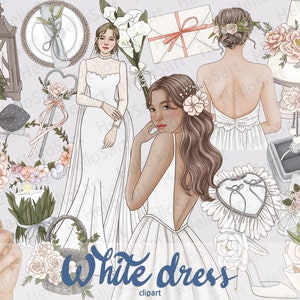 Vestido branco Clipart Casamento Clipart Nupcial Noiva Mulher Moda Clipart Desenhado à mão Menina Planejador gráfico Adesivo material de scrapbook