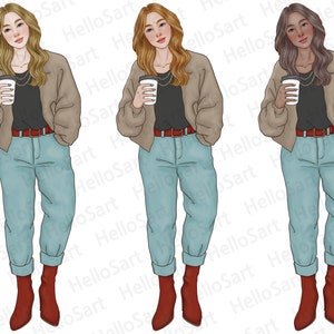 May include: Three illustrations of women wearing brown jackets, blue jeans, and red boots. Each woman is holding a coffee cup and has a different hair color: blonde, brown, and black.