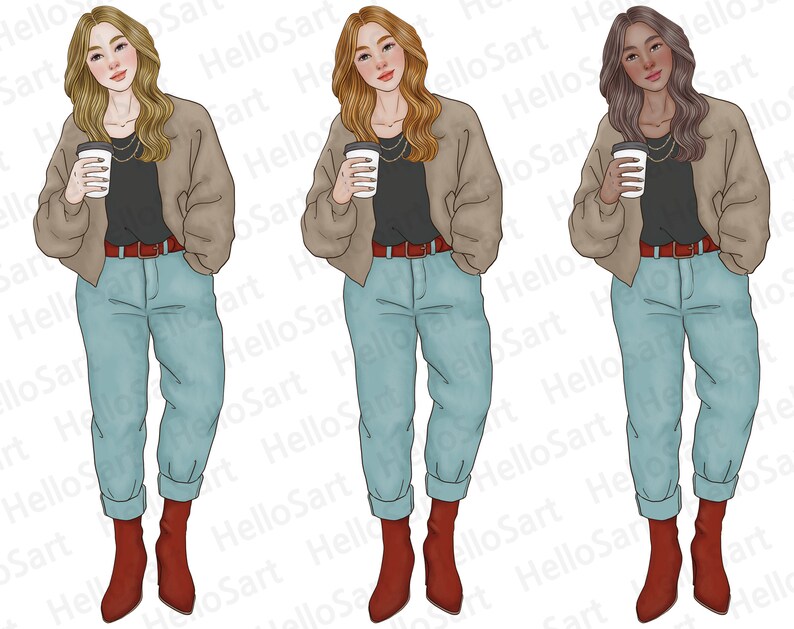 May include: Three illustrations of women wearing brown jackets, blue jeans, and red boots. Each woman is holding a coffee cup and has a different hair color: blonde, brown, and black.