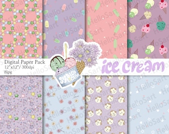 Ice Cream Floral Digital Paper Pack, Scrapbook Pattern (12x12, JPG)