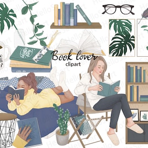 Book Lover clipart Bookworm ClipArt chica Clipart mujer Clipart Cozy Clipart, Libros Clipart Girls Biblioteca Gráficos Lectura Planificador Pegatinas