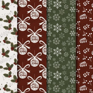 May include: Four seamless Christmas patterns featuring a white holly leaf design on a white background, a white ornament with the text "Merry Christmas" on a red background, a white snowflake design on a green background, and a white branch with berries on a red background.
