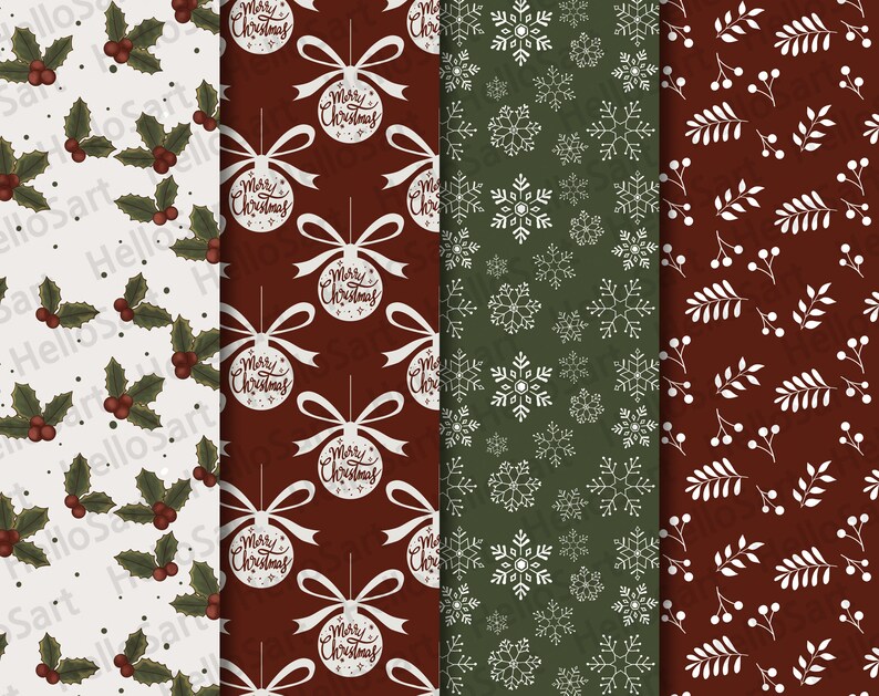 May include: Four seamless Christmas patterns featuring a white holly leaf design on a white background, a white ornament with the text "Merry Christmas" on a red background, a white snowflake design on a green background, and a white branch with berries on a red background.